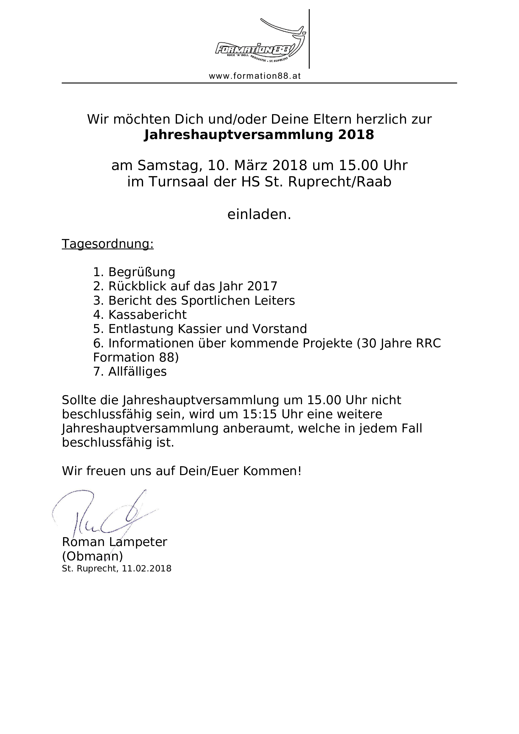 Einladung Generalversammlung 2018